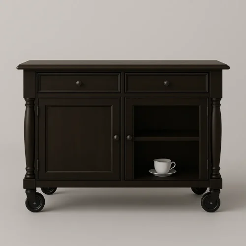 Dark Wood Kitchen Cabinet With Drawers, Doors And Side Open Shelves